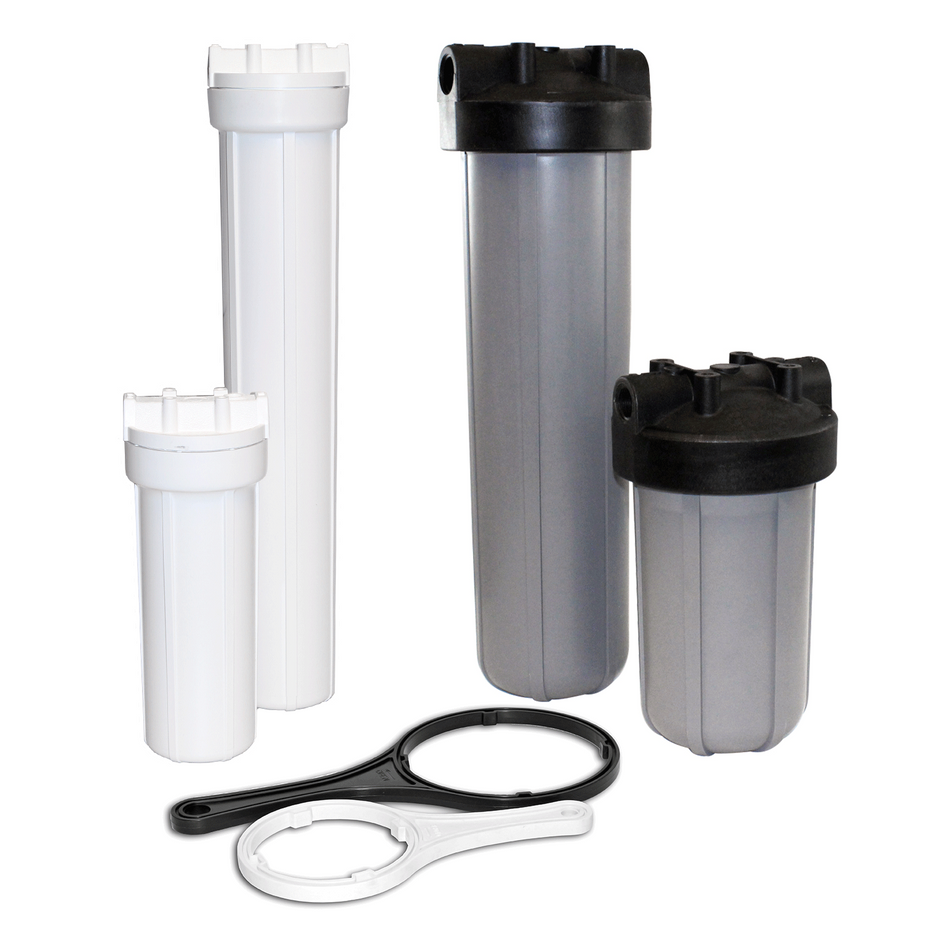 Assorted filter housings in white and black for water filtration systems