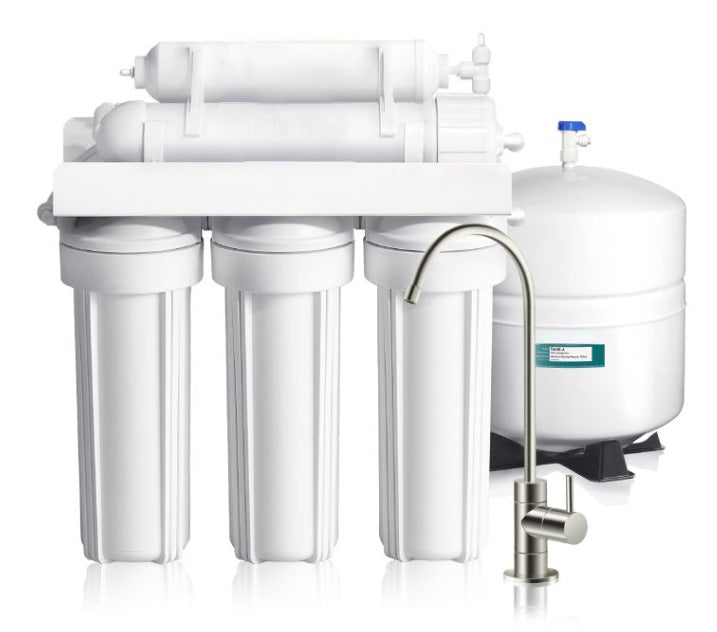 AXEON RF-5000 5-Stage RO System with five white filter housings, storage tank, and chrome faucet for comprehensive under-sink water purification