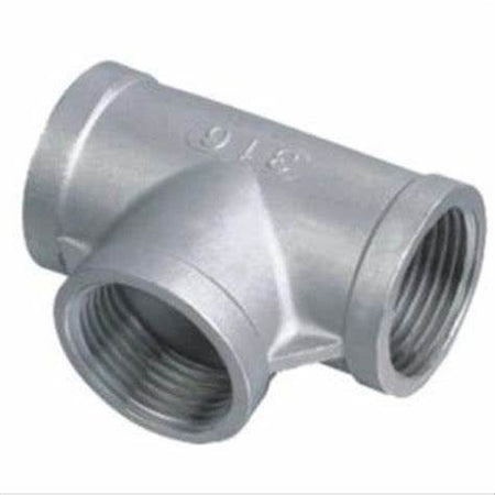 AXEON stainless steel tee fitting with 1/2" female NPT connections on all three ports, rated for 150 PSI, suitable for corrosion-resistant fluid distribution in industrial applications