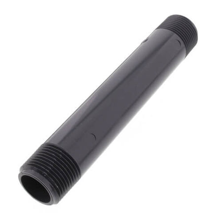 Spears PVC Nipple, Schedule 80, 3/4" X 6" MNPT - dark gray elongated cylindrical fitting with external threads on both ends for connecting 3/4-inch male threaded pipes in high-pressure plumbing applications