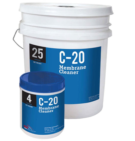 AXEON C-20 High pH Membrane Cleaner in 25-pound and 25-pound white buckets with blue labels for effective alkaline cleaning of water treatment membranes