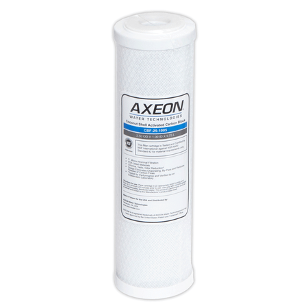 AXEON CBF-25-1005 Carbon Block Cartridge 2.5" x 10" 5 Micron with white cylindrical body and label for efficient chlorine