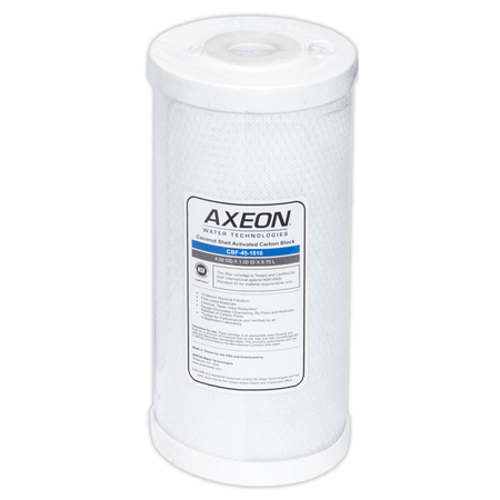 AXEON CBF-45-1010 Carbon Block Cartridge 4.5" x 10" 10 Micron with white cylindrical body and blue end caps for high-flow chlorine