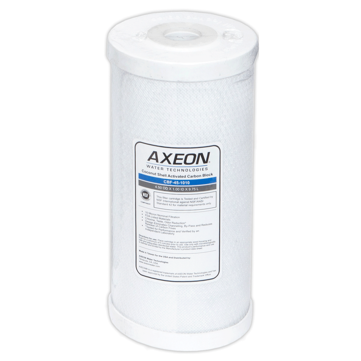 AXEON CBF-45-1005 Carbon Block Cartridge 4.5" x 10" 5 Micron with white cylindrical body and blue end caps for high-flow chlorine
