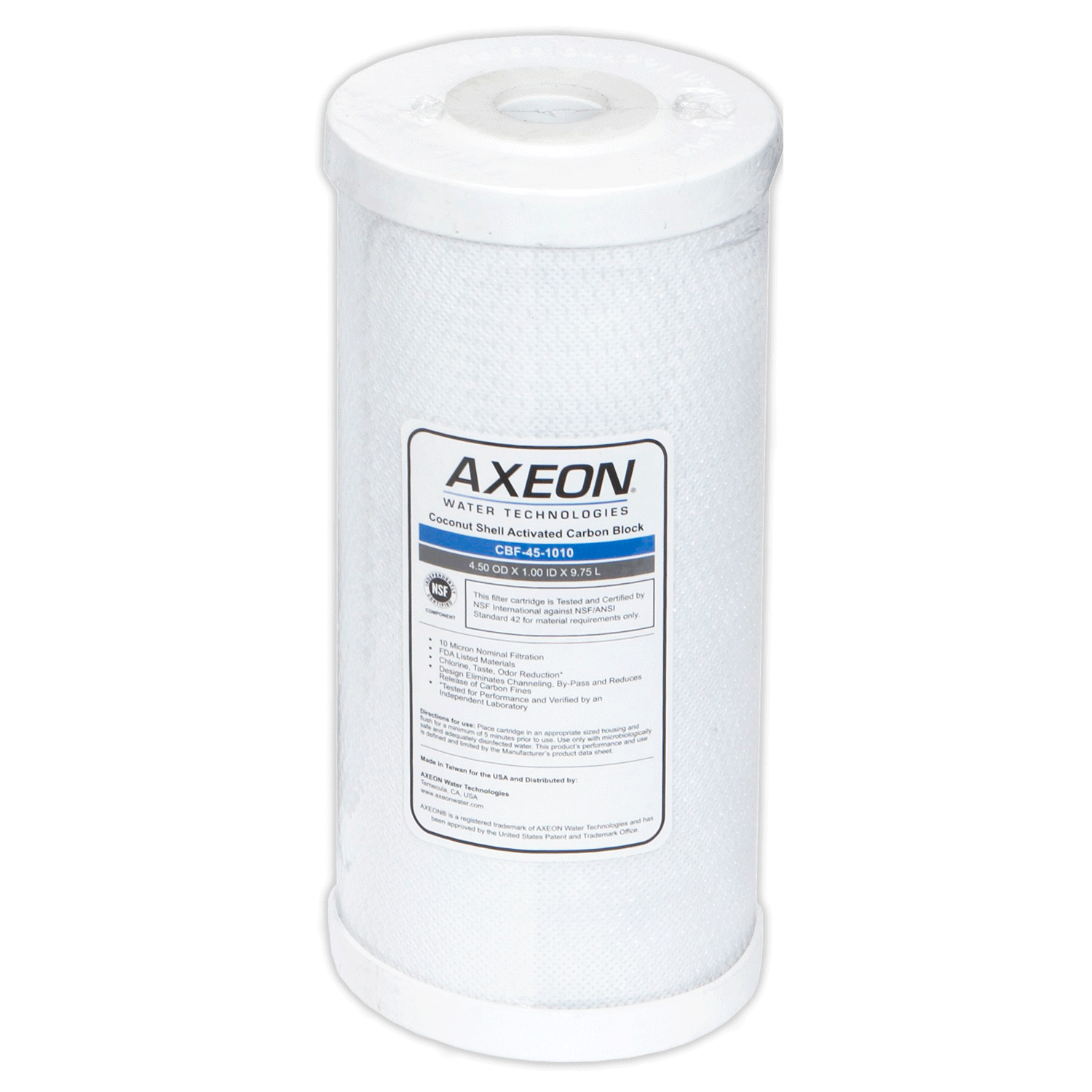 AXEON CBF-45-1005 Carbon Block Cartridge 4.5" x 10" 5 Micron with white cylindrical body and blue end caps for high-flow chlorine