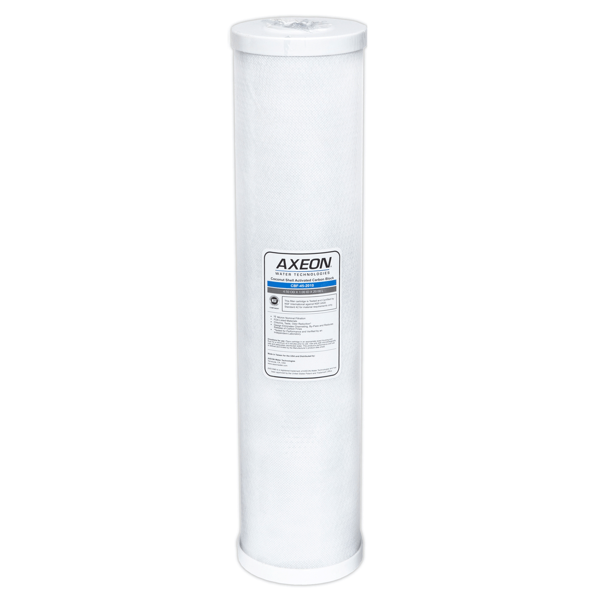 AXEON CBF-45-2010 Carbon Block Cartridge 4.5" x 20" 10 Micron with long white cylindrical body and blue end caps for high-capacity, high-flow chlorine and contaminant removal