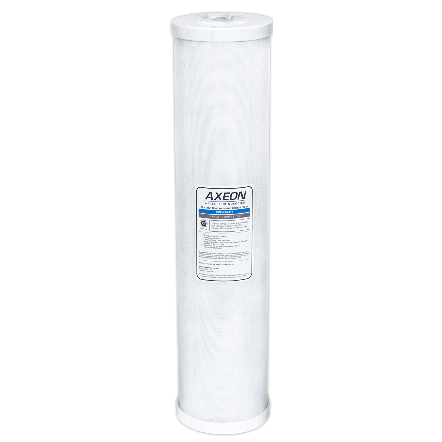 AXEON CBF-45-2010 Carbon Block Cartridge 4.5" x 20" 10 Micron with long white cylindrical body and blue end caps for high-capacity, high-flow chlorine and contaminant removal