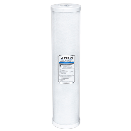 AXEON CBF-45-2010 Carbon Block Cartridge 4.5" x 20" 10 Micron with long white cylindrical body and blue end caps for high-capacity, high-flow chlorine and contaminant removal