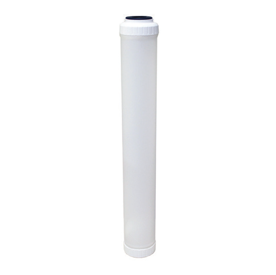 AXEON RCF-25-20 Refillable Cartridge 2.5" x 20" with semi-clear cylindrical housing, white end caps, and visible filter media for customizable water filtration in residential or light commercial applications