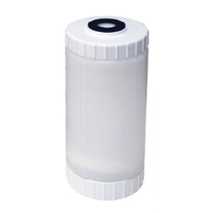 AXEON RCF-45-10 Refillable Cartridge 4.5" x 10" with semi-clear cylindrical housing, white end caps, and visible filter media for high-capacity customizable water filtration in residential or commercial applications