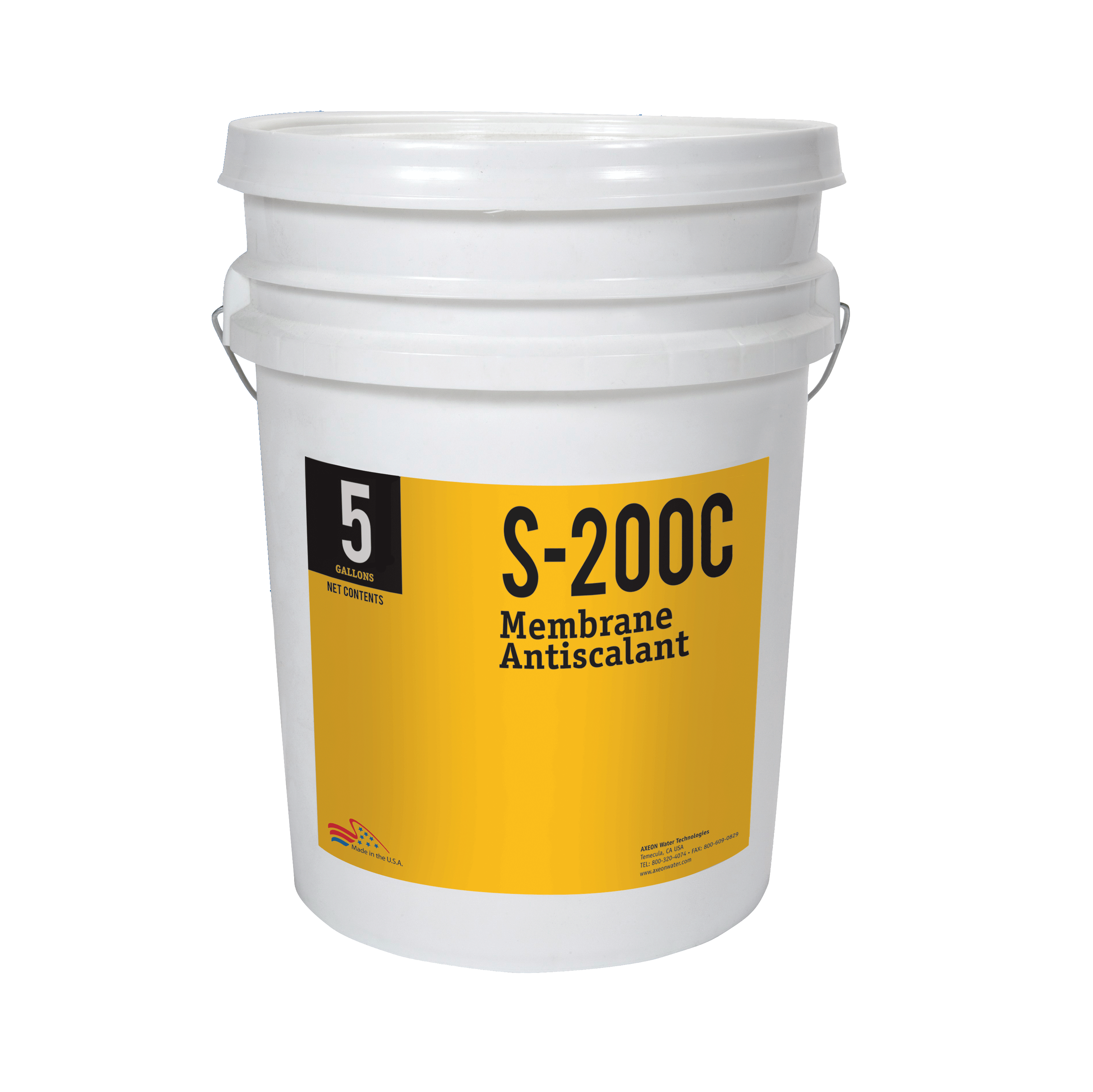 AXEON S-200C Membrane Antiscalant Concentrate in a 5-gallon white bucket with yellow label for preventing scale buildup in water treatment systems