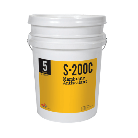 AXEON S-200C Membrane Antiscalant Concentrate in a 5-gallon white bucket with yellow label for preventing scale buildup in water treatment systems