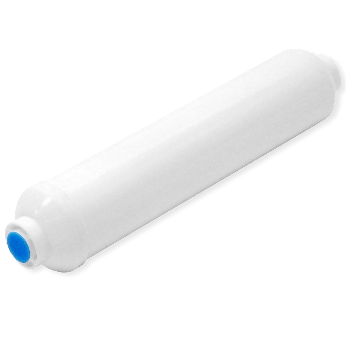 White cylindrical AXEON Solo I inline remineralization cartridge with blue end cap for water treatment systems