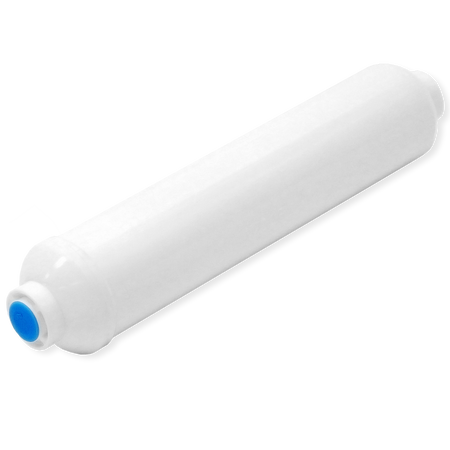 White cylindrical AXEON Solo I inline remineralization cartridge with blue end cap for water treatment systems