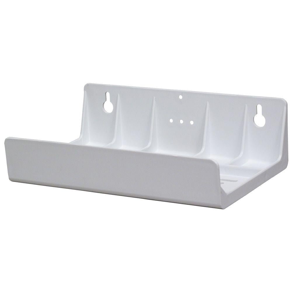 AXEON Plastic Bracket Double 2.5" White - White plastic L-shaped bracket with two sections and multiple mounting holes, designed to secure two 2.5-inch water filter housings