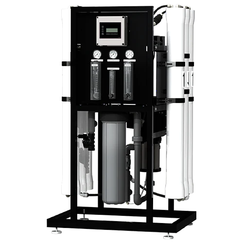 Commercial reverse osmosis system with digital display, multiple pressure gauges, and vertical filter chambers for high-capacity water purification