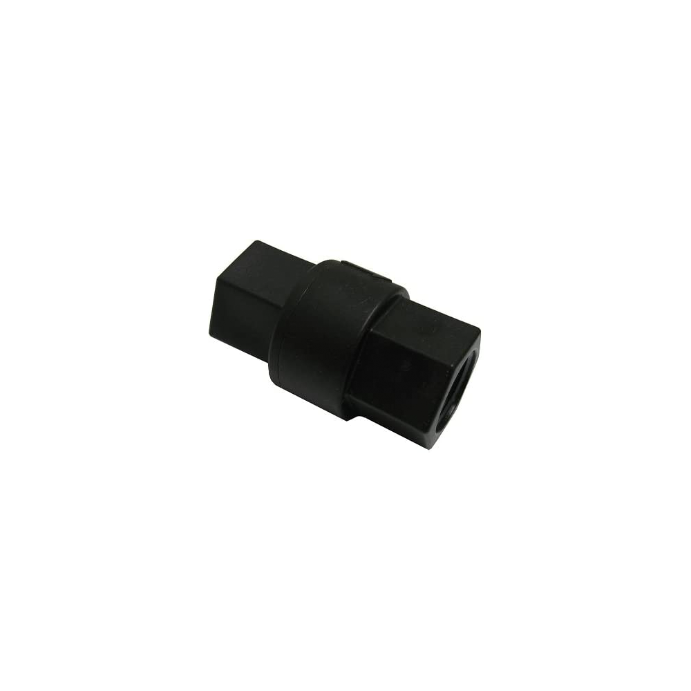 SMC PP Check Valve 1/2" FNPT x 1/2" FNPT - Black plastic cylindrical device with hexagonal ends, designed to allow water flow in one direction for plumbing or filtration systems