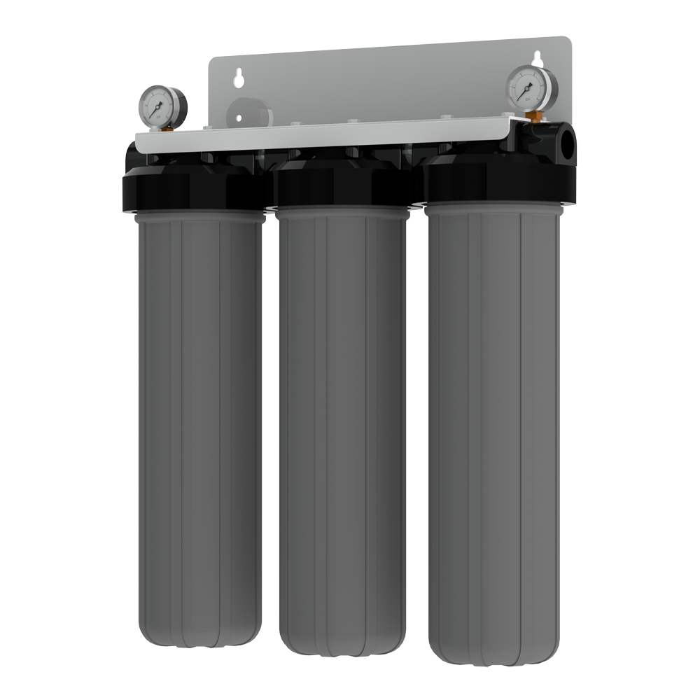 AXEON FSD-320 Filter System with 3/4-inch FNPT connections, featuring three gray housings, pressure gauges, and wall-mount bracket for efficient triple-stage water filtration