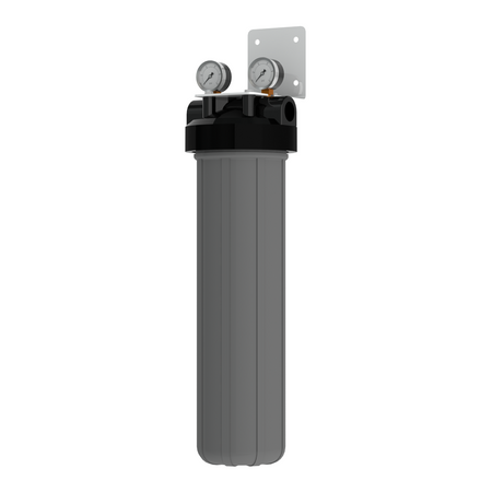 AXEON FSD-120 Filter System with 1-inch FNPT connection, featuring a tall gray housing, dual pressure gauges, and wall-mount bracket for efficient water filtration