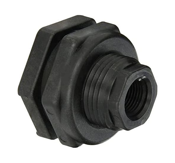Bulkhead Fitting Kit 1/2" NPT - black plastic threaded fitting with hexagonal nut for creating watertight connections through walls or tanks in plumbing and fluid systems