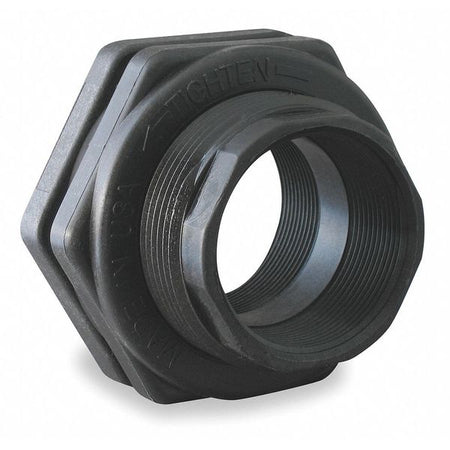 Bulkhead Fitting Kit 3/4" FNPT - black plastic threaded fitting with hexagonal nut for creating watertight connections through walls or tanks in plumbing systems