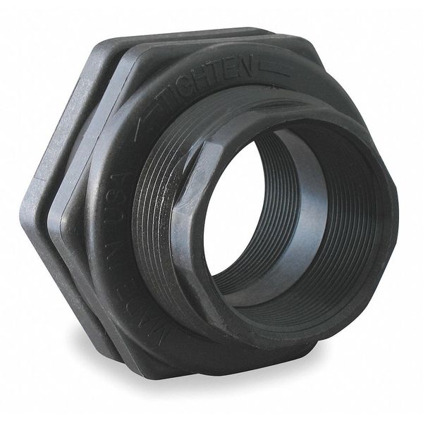 Bulkhead Fitting Kit 2" FNPT - black plastic threaded fitting with hexagonal nut for creating watertight connections through walls or tanks in plumbing systems