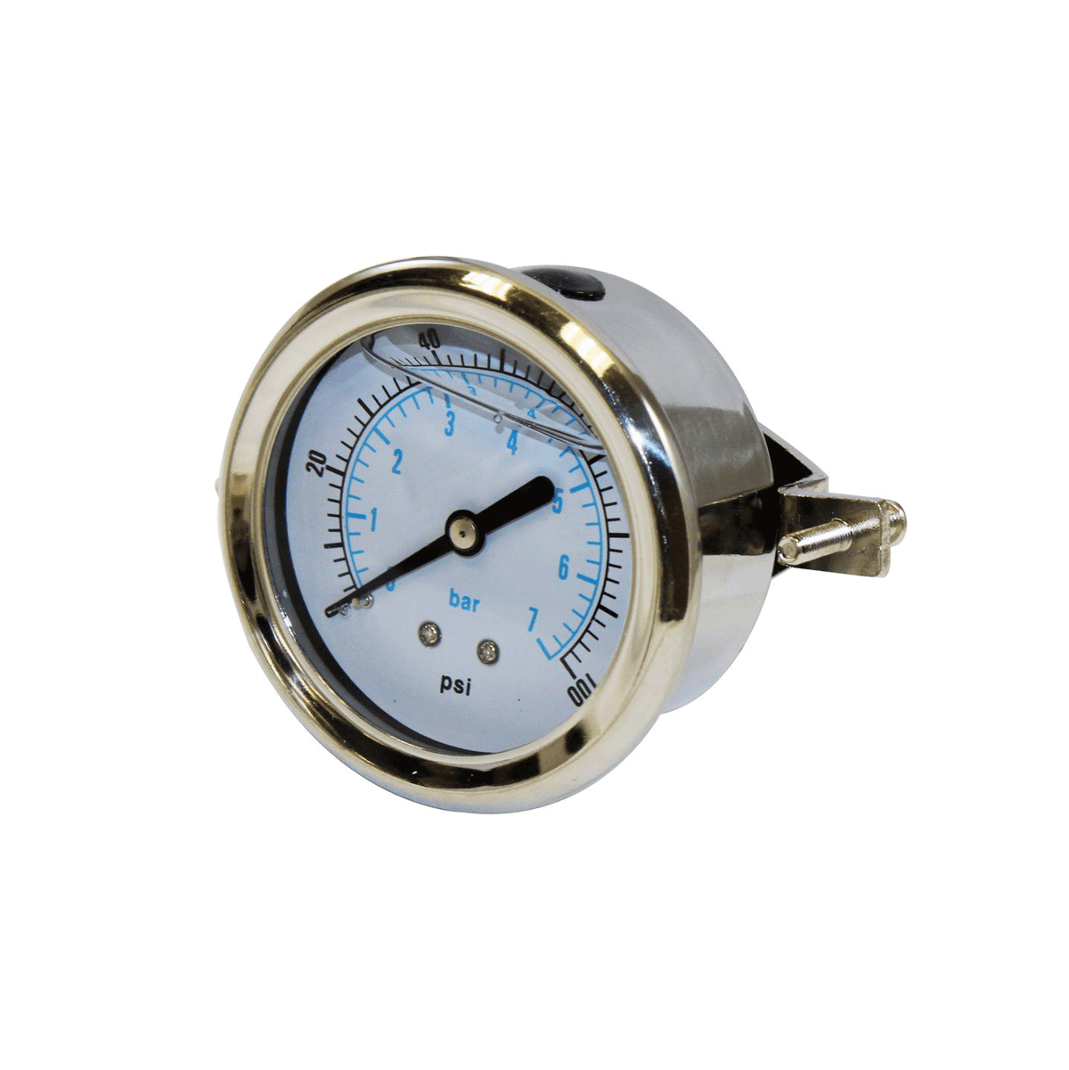 Circular glycerin-filled AXEON pressure gauge with white face, measuring 0-100 PSI/BAR, 2.5-inch diameter, and 1/4" MNPT panel mount connection