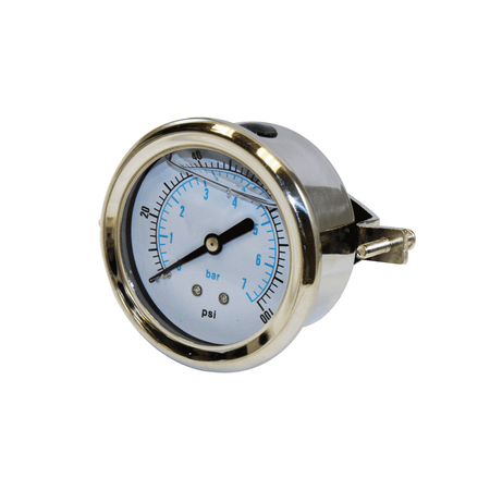 Circular glycerin-filled AXEON pressure gauge with white face, measuring 0-100 PSI/BAR, 2-inch diameter, and 1/4" MNPT panel mount connection