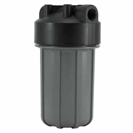 Pentair Filter Housing 4.5" x 10" with black cap and grey transparent body, single O-ring, and 1" FNPT connections for high-capacity residential or commercial water filtration