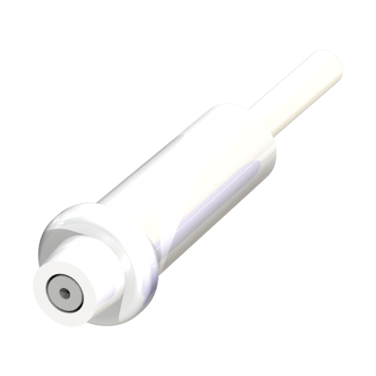 AXEON Capillary Flow Restrictor White 1052 ML/Min 100 GPD - White cylindrical device with a small opening at one end and a white tube attached, designed to control water flow in reverse osmosis systems