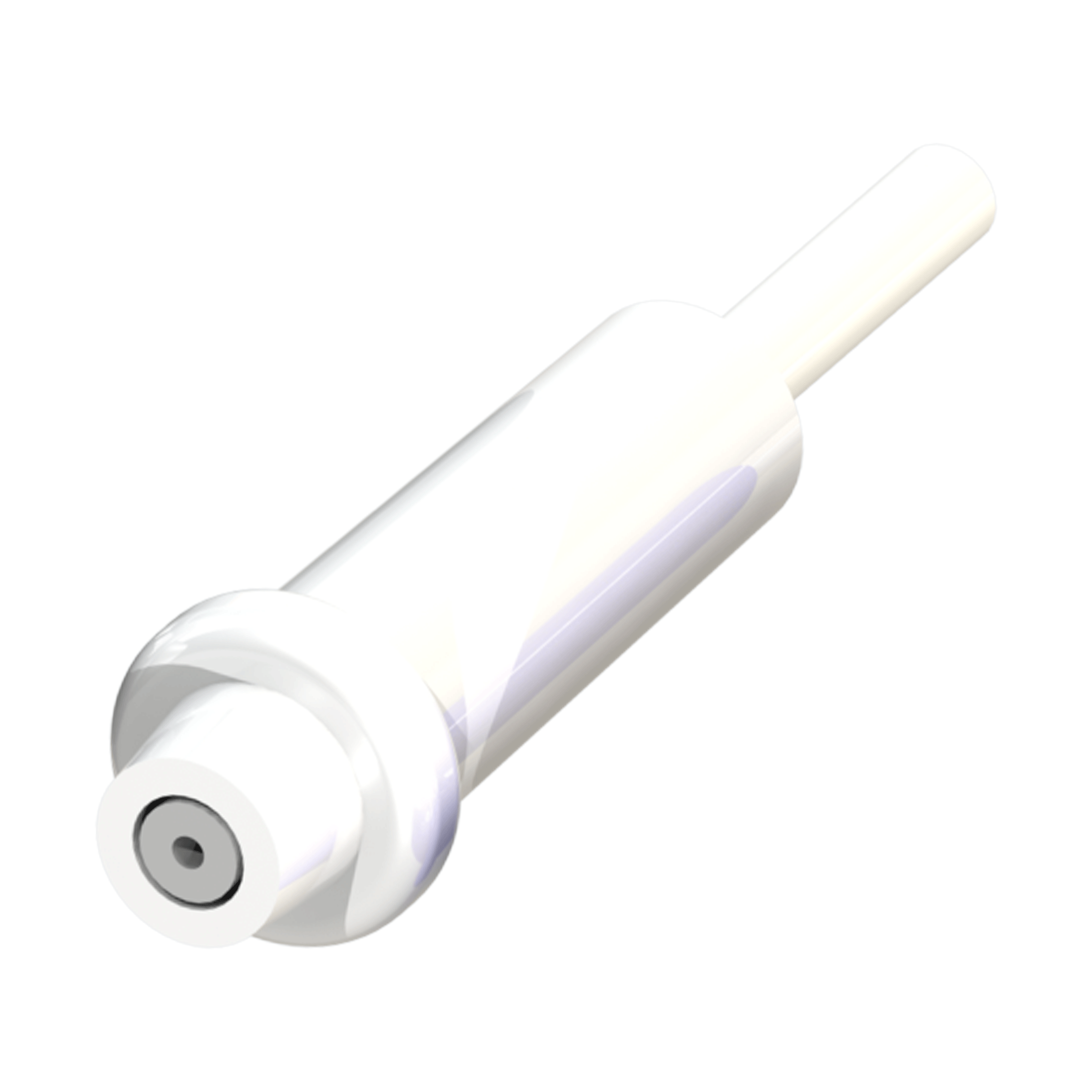 AXEON Capillary Flow Restrictor White 1052 ML/Min 100 GPD - White cylindrical device with a small opening at one end and a white tube attached, designed to control water flow in reverse osmosis systems