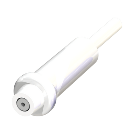 AXEON Capillary Flow Restrictor White 1052 ML/Min 100 GPD - White cylindrical device with a small opening at one end and a white tube attached, designed to control water flow in reverse osmosis systems