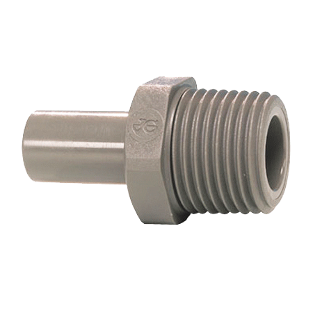 John Guest 1/2" Stem X 3/8" MNPT Adapter - gray plastic fitting with smooth stem and threaded end for connecting larger tubing to smaller male threaded ports in plumbing system