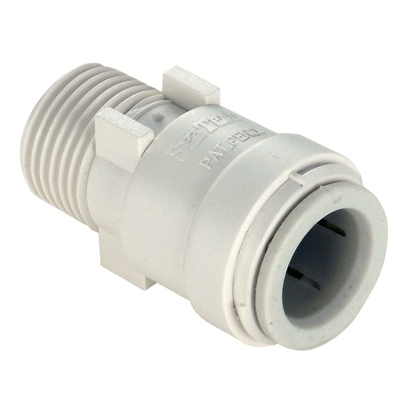 SeaTech Male Connector 5/8" QC X 3/4" MNPT - white plastic straight fitting with quick-connect and larger male threaded ends for joining tubing to threaded ports in marine plumbing applications