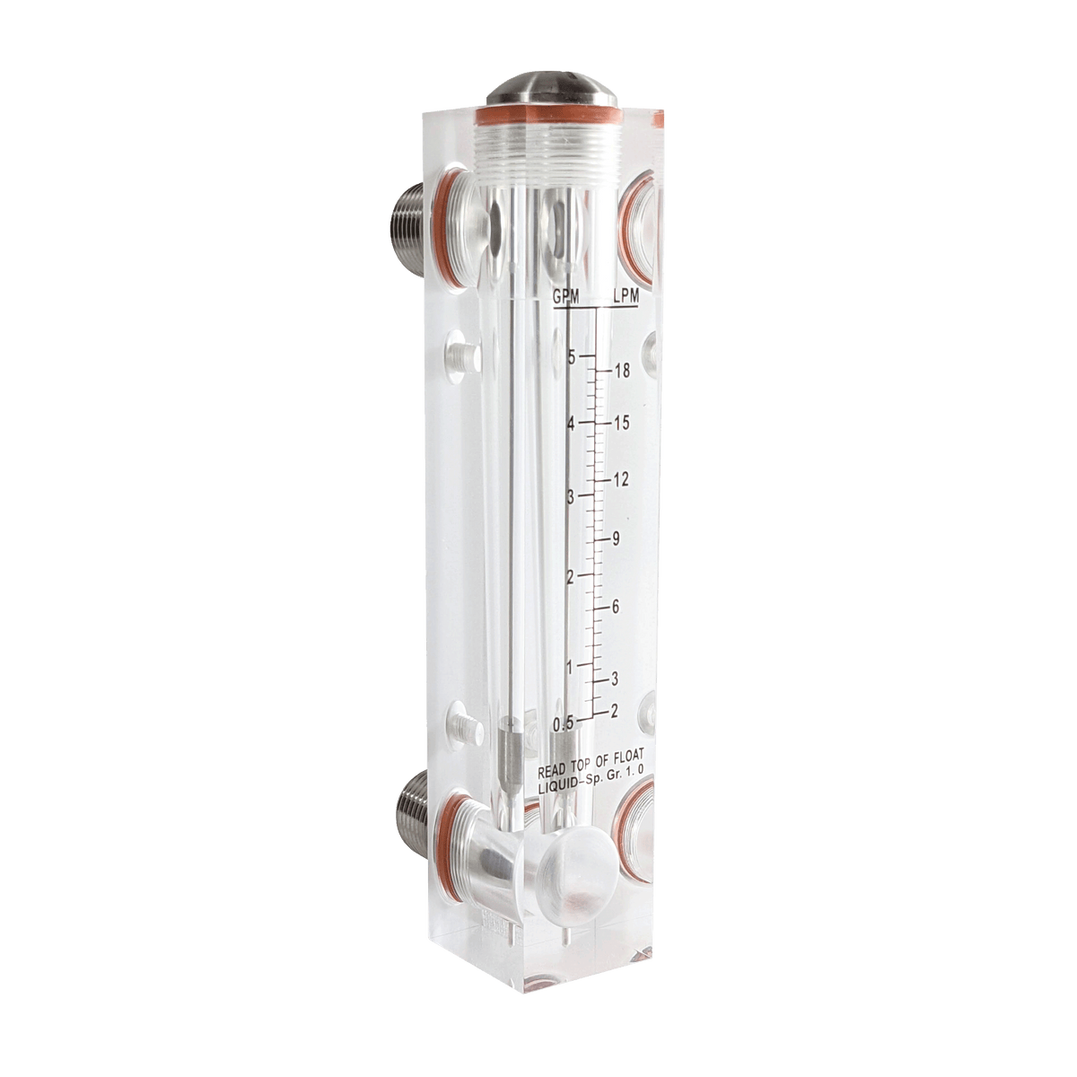 Vertical acrylic AXEON flow meter with stainless steel float, measuring 0.5-5 GPM, featuring 1/2" MNPT and 1/4" FNPT connections for panel mounting