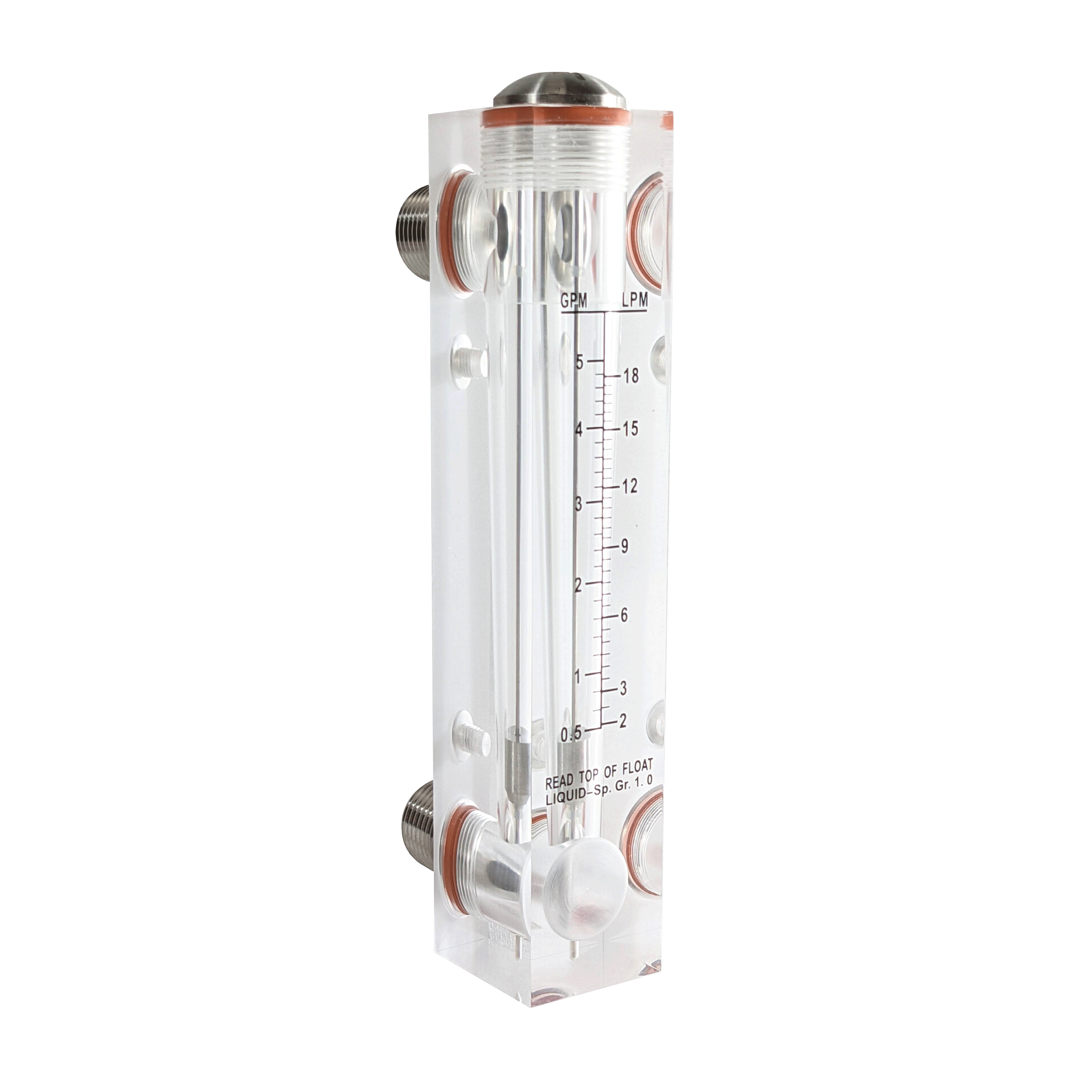 Vertical acrylic AXEON flow meter with stainless steel float, measuring 0.5-5 GPM, featuring 1/2" MNPT and 1/4" FNPT connections for panel mounting