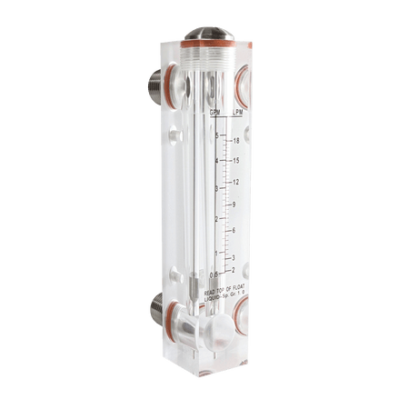 Vertical acrylic AXEON flow meter with stainless steel float, measuring 0.5-5 GPM, featuring 1/2" MNPT and 1/4" FNPT connections for panel mounting