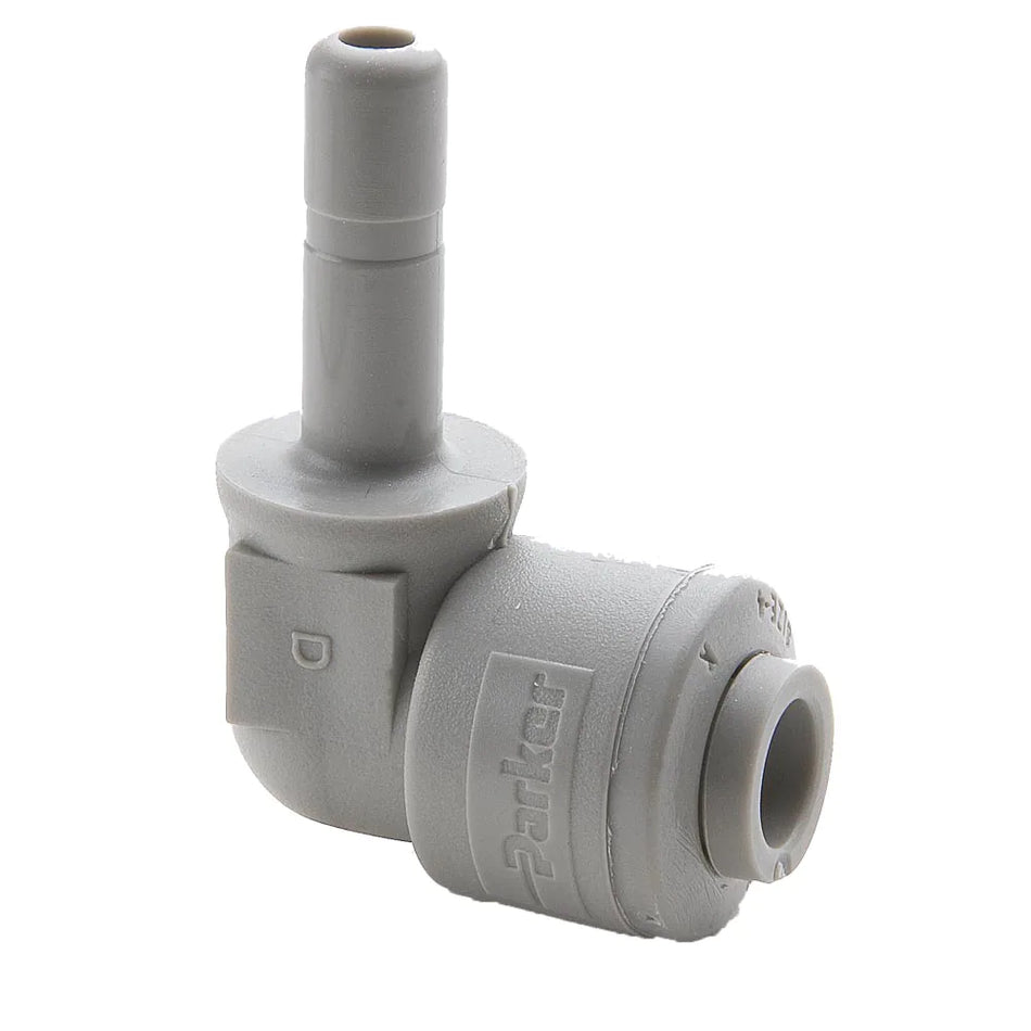 Parker Plug-In Elbow 3/8" Stem X 1/4" QC - gray plastic L-shaped fitting with smooth stem and smaller quick-connect end for right-angle connections in fluid handling system