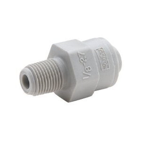 Parker Male Connector 3/8" QC X 1/2" MNPT - white plastic straight fitting with quick-connect and male threaded ends for joining smaller tubing to larger threaded ports in fluid system