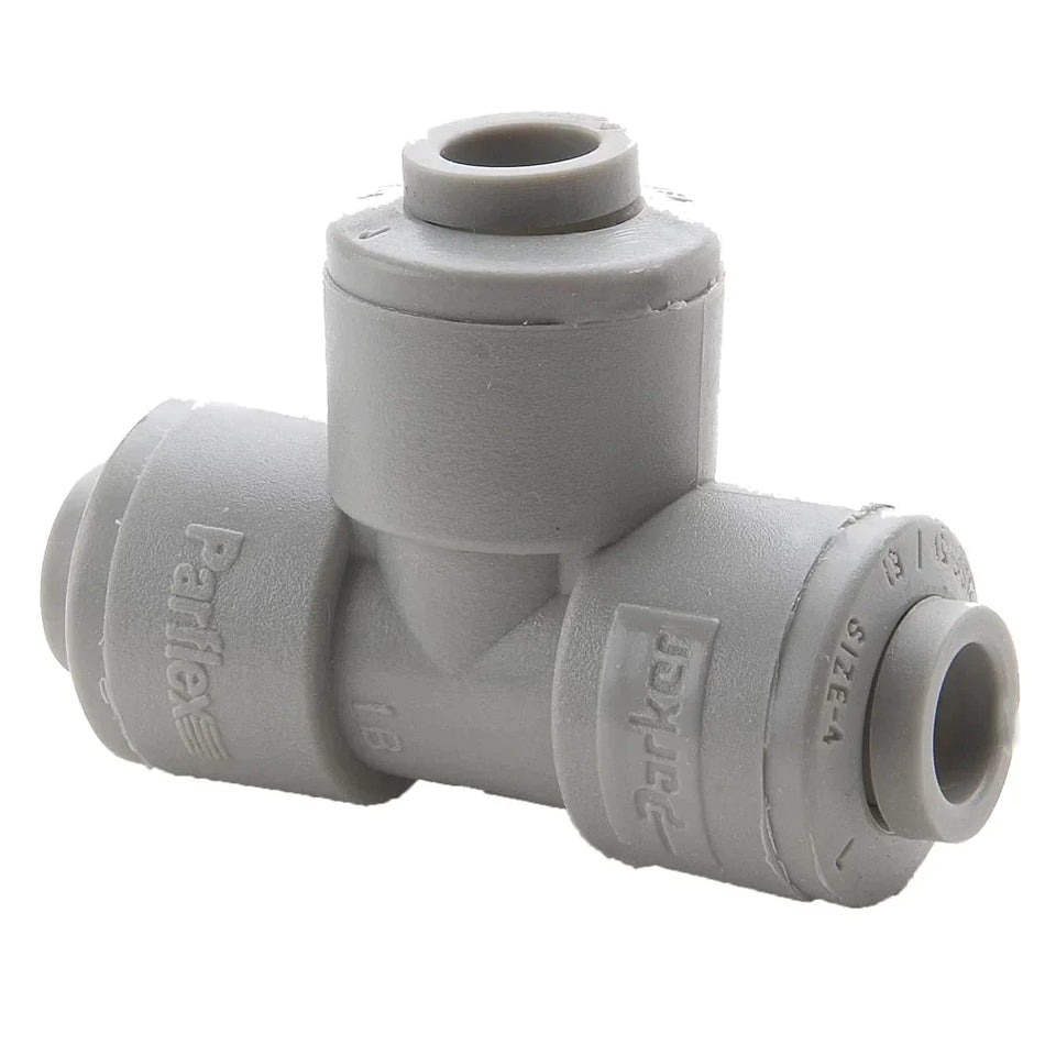 Parker Union Tee 1/2" QC - gray plastic T-shaped fitting with three equal-sized quick-connect ports for joining tubing in three directions in fluid distribution system