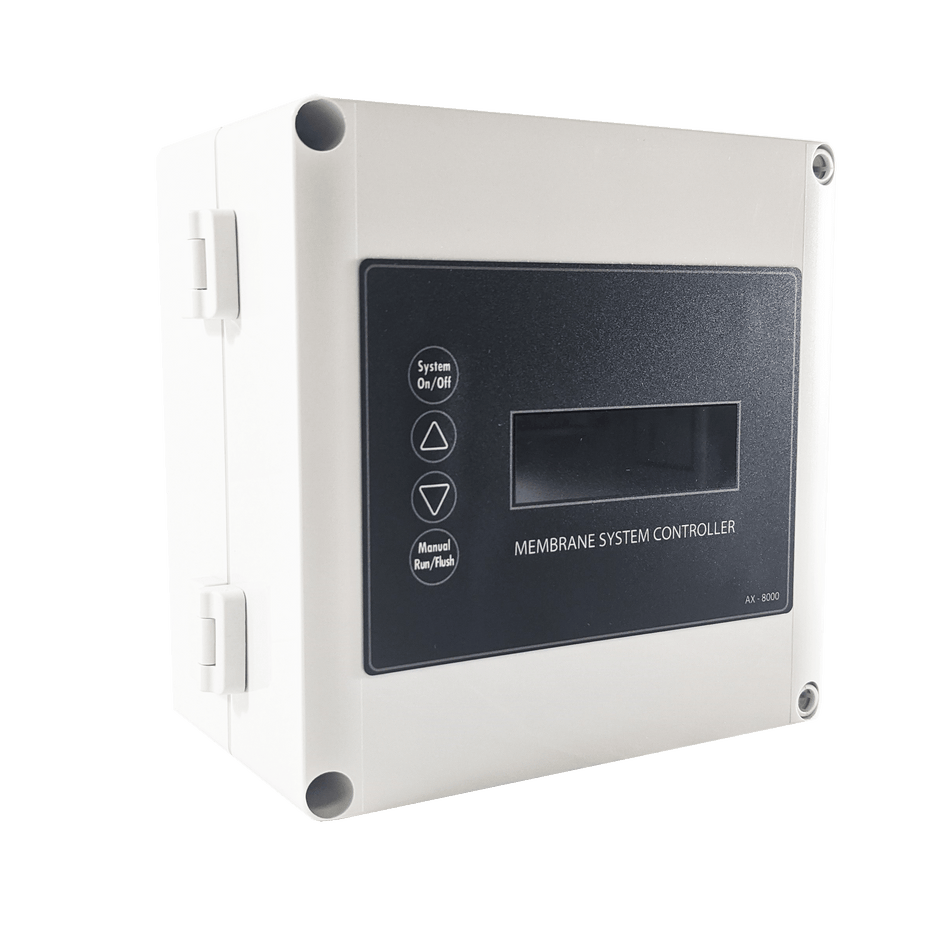 AXEON AX-8000 Computer Controller Retrofit Kit for N1-2000 and N1-4000 systems, featuring a white enclosure with digital display and control buttons for advanced water treatment system management