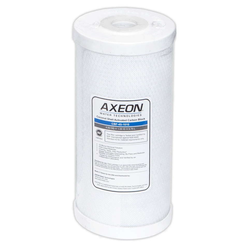AXEON CBF-45-1010 Carbon Block Cartridge 4.5" x 10" 10 Micron with white cylindrical body and blue end caps for high-flow chlorine