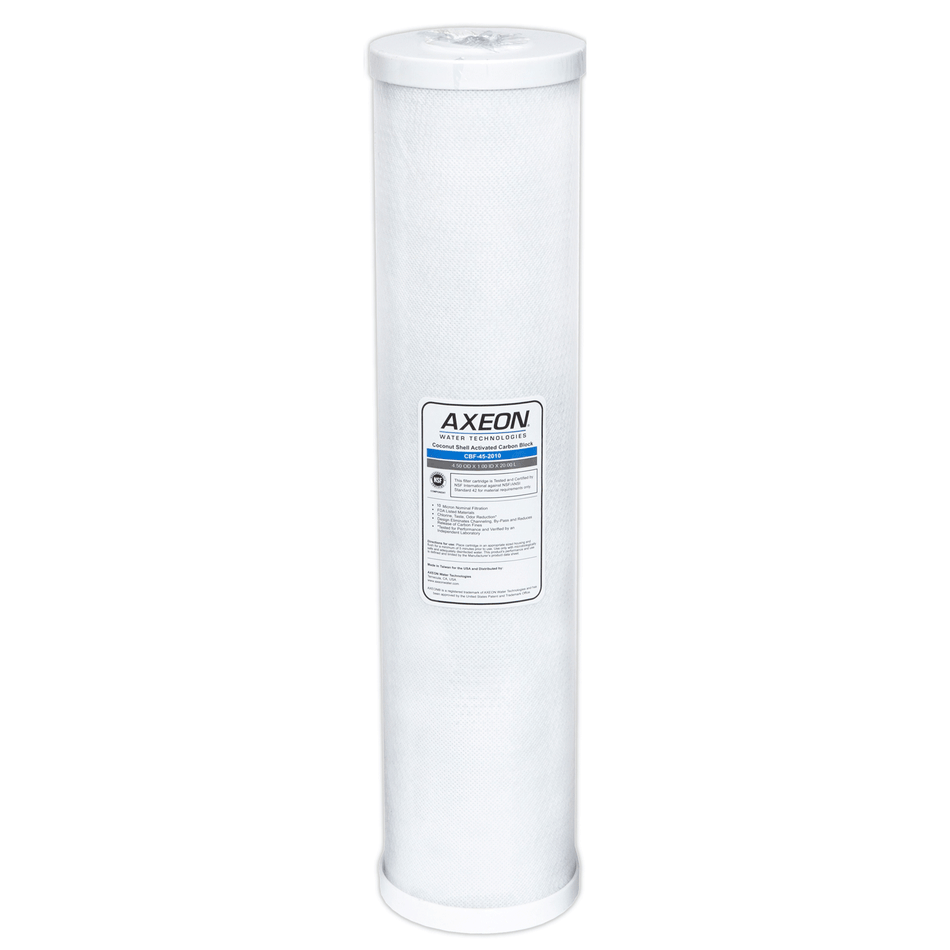 AXEON CBF-45-2005 Carbon Block Cartridge 4.5" x 20" 5 Micron with long white cylindrical body and blue end caps for high-capacity, high-flow chlorine and contaminant removal