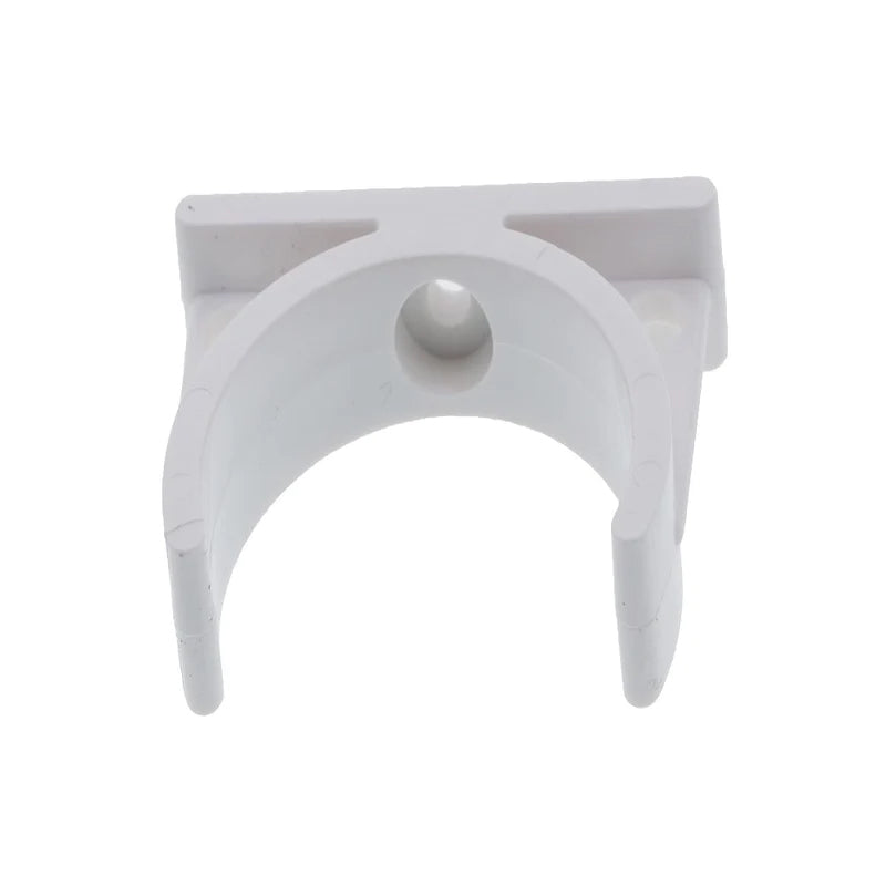 AXEON Single White 2.5" Clip - White plastic U-shaped clip with a central mounting hole, designed to secure a single 2.5-inch water filter housing