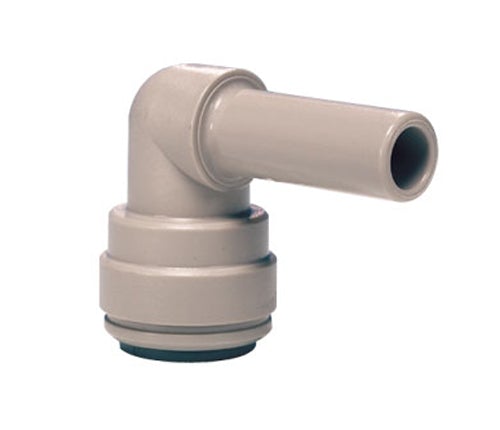 John Guest Elbow Plug In 3/8" Stem X 3/8" QC - beige plastic L-shaped fitting with smooth stem and quick-connect end for right-angle connections in water filtration systems