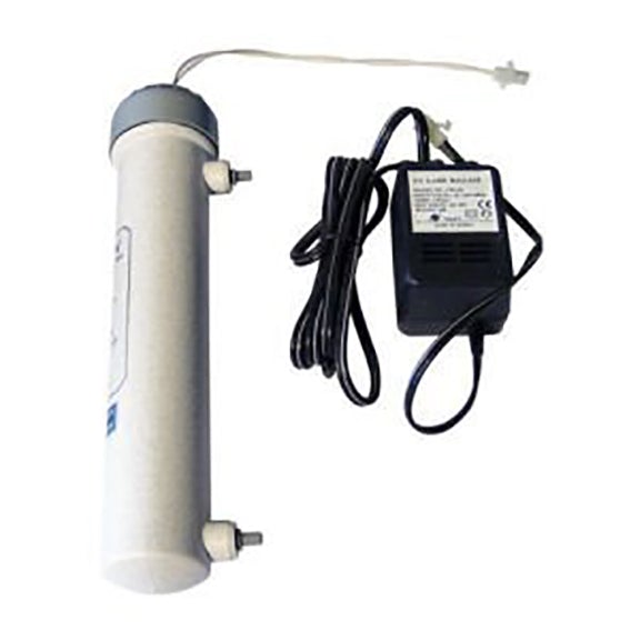 Inline UV Sterilizer 1 GPM 110V with cylindrical white chamber, power adapter, and connecting cable for compact water disinfection without external ballast