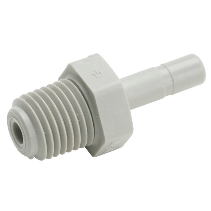 Parker 1/2" Stem X 1/2" MNPT Adapter - white plastic fitting with smooth stem and male threaded end for connecting tubing to threaded ports in fluid handling systems