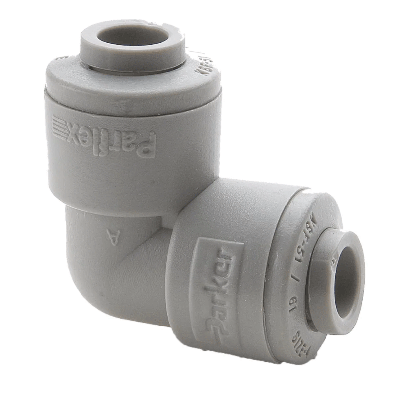 Parker Union Elbow 1/2" QC X 1/2" QC - white plastic L-shaped fitting with equal-sized quick-connect ends for joining tubing at right angles in fluid handling systems