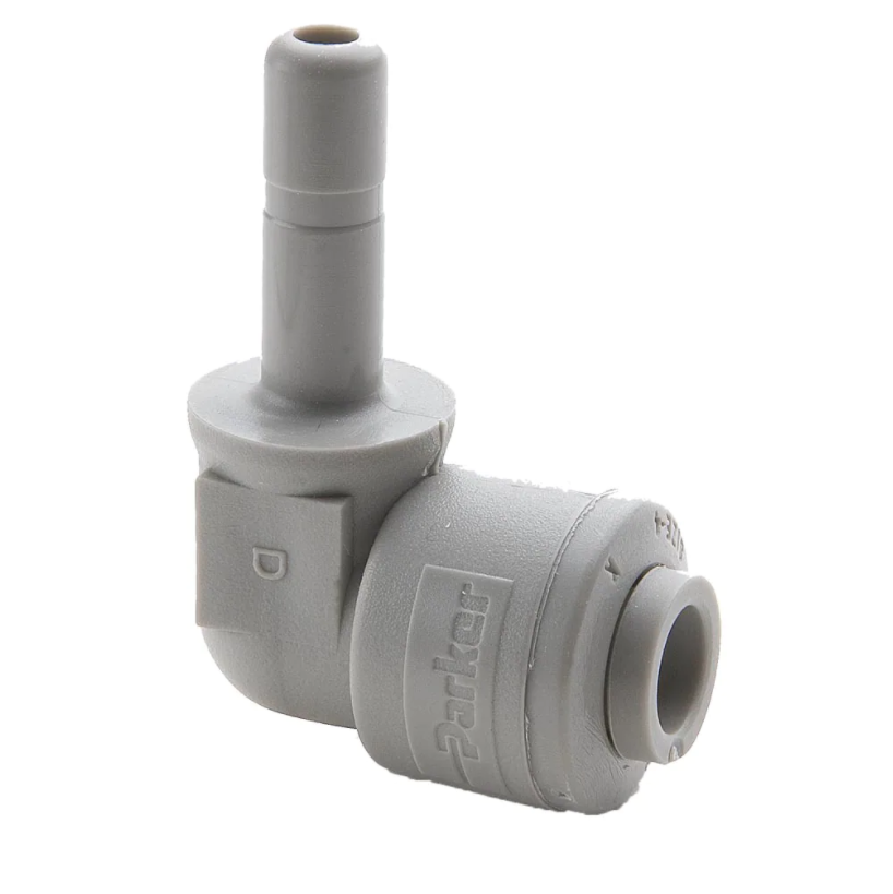 Parker Elbow Plug In 1/2" Stem X 1/2" QC - white plastic L-shaped fitting with smooth stem and quick-connect end for right-angle connections in fluid distribution applications