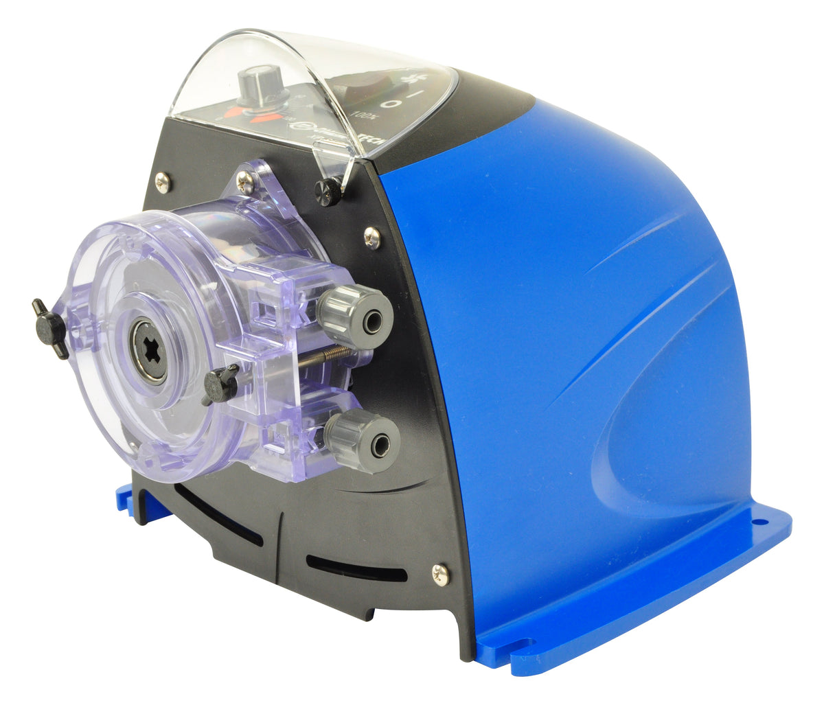 Blue and gray Pulsafeeder Chem-Tech XP injection pump with transparent peristaltic head, 4 GPD capacity, for 220V operation